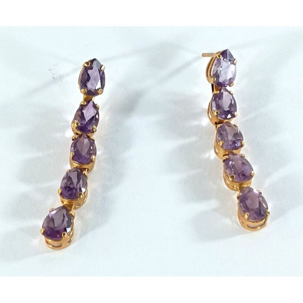 Vintage 14K Gold Pear Cut Natural Amethyst 5 Stone Dangle Earrings Mexico